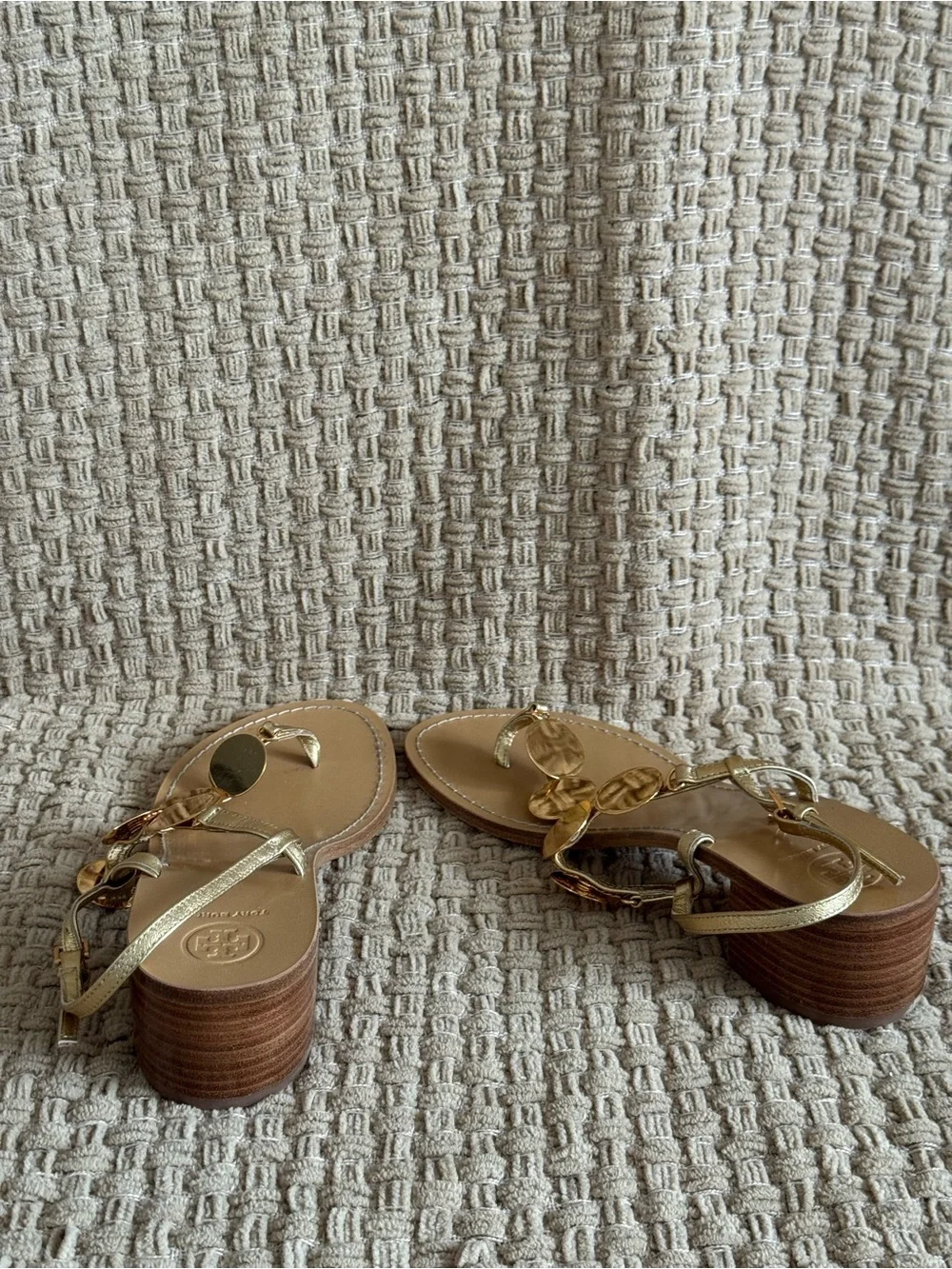 Tory Burch Gold Metallic Disc T-Strap Low Block Heel Sandals